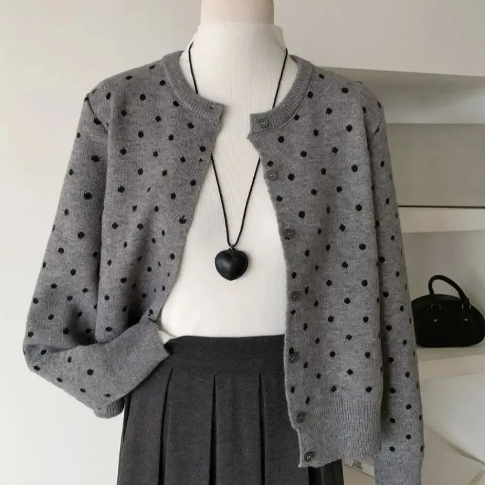 Korean Cardigan Jackets Sueter Mujer Fashion Polka Dot O-neck Knitting Sweater Vintage Pull Femme Women Fall Winter Clothes 2026