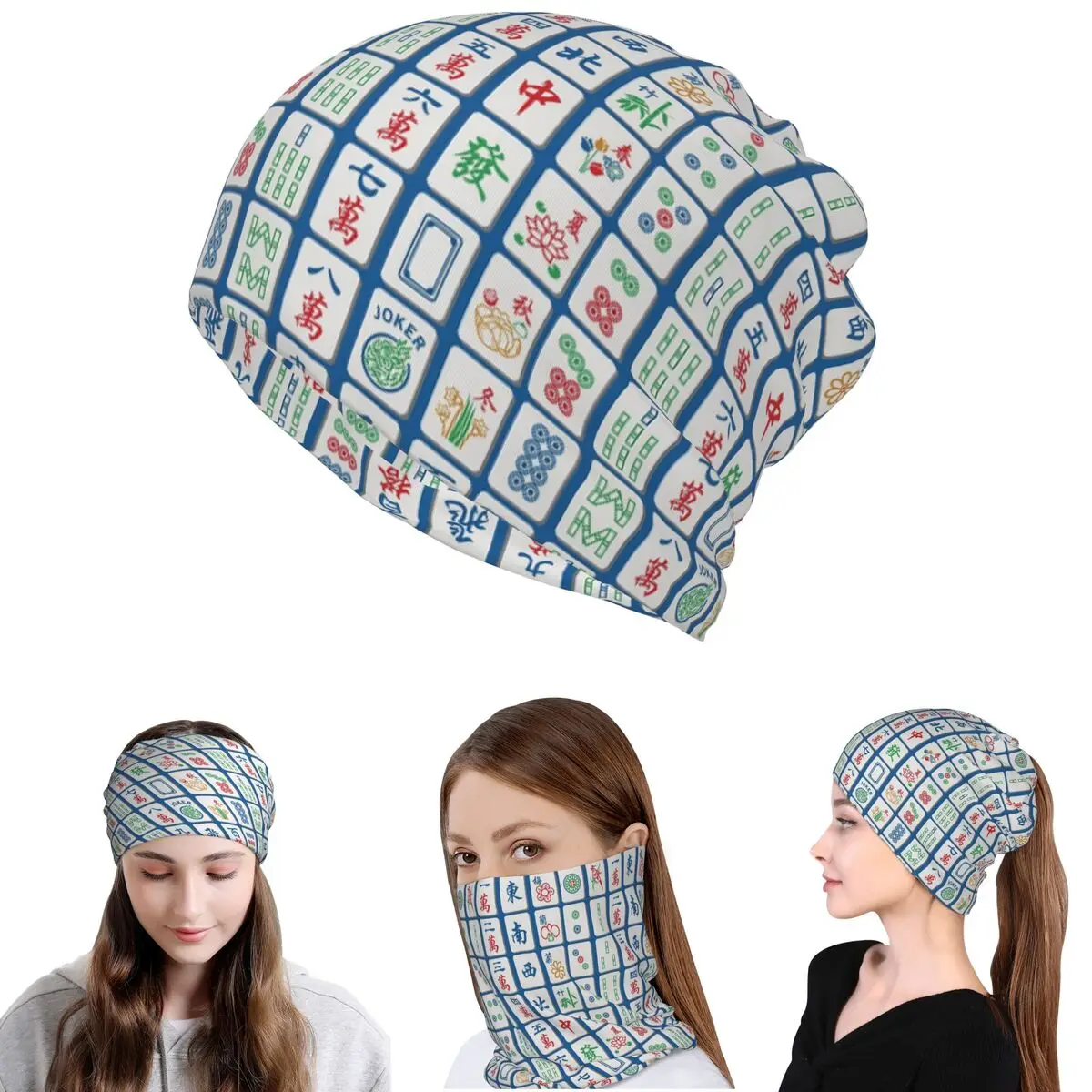 

Mahjong Tiles On Blue Bandana Neck Cover Wrap Mask Scarf Warm Headwear Beanies Hat Unisex Adult Winter