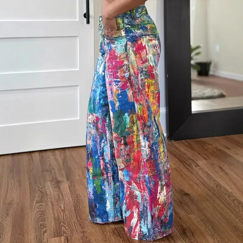 Kolorowe Malowane Graffiti Luźne Proste Spodnie Damskie Moda Wysoki Stan Zapinane na Guziki Kieszenie Y2K Streetwear Szerokie Spodnie