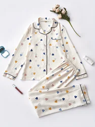 Women's Heart Print Casual Pajama Set, Long Sleeve Buttons Lapel Top & Pants, Comfortable Relaxed Fit For Fall