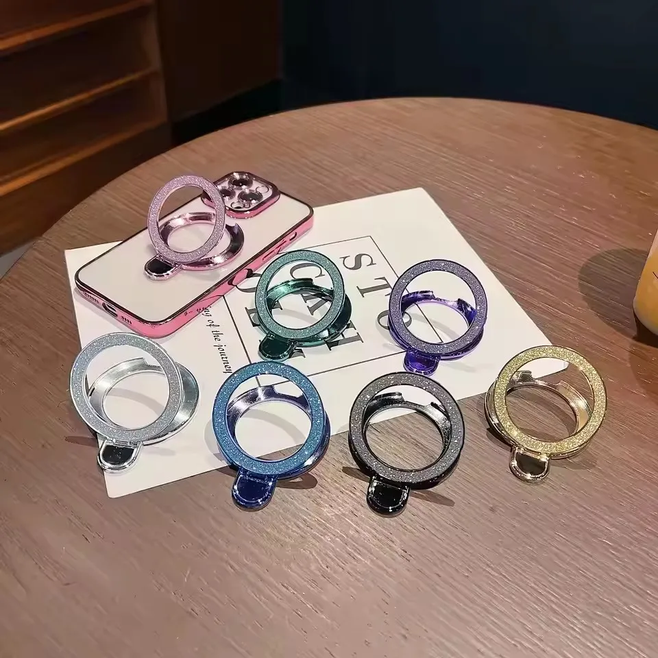 高級ミラーグリッターフィンガーリングフォン グリップ iPhone 17 16 15 14 13 Pro Max用 マグネット式ブラケットスタンドホルダー