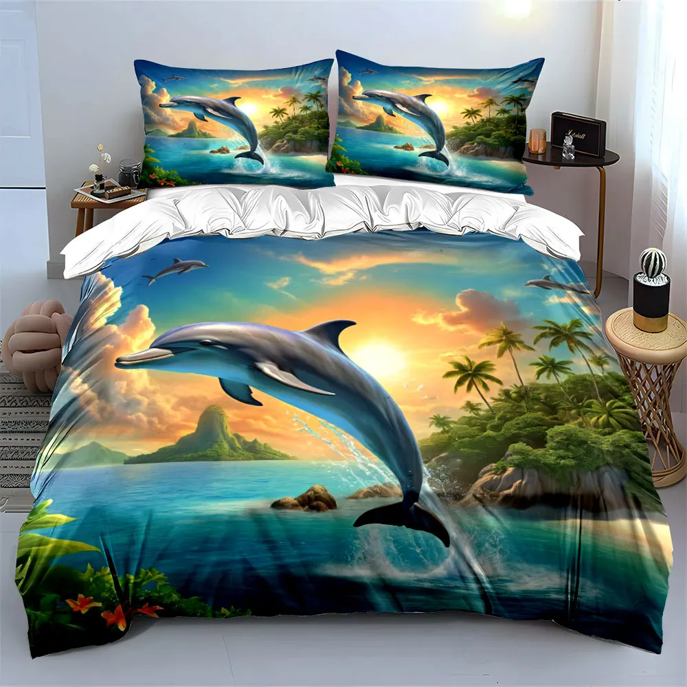 Dolphin leaping with tropical scenery Bedding Set for Kids Luxury Gift 3pcs Digital Print Comforter Set Soft Comfortable