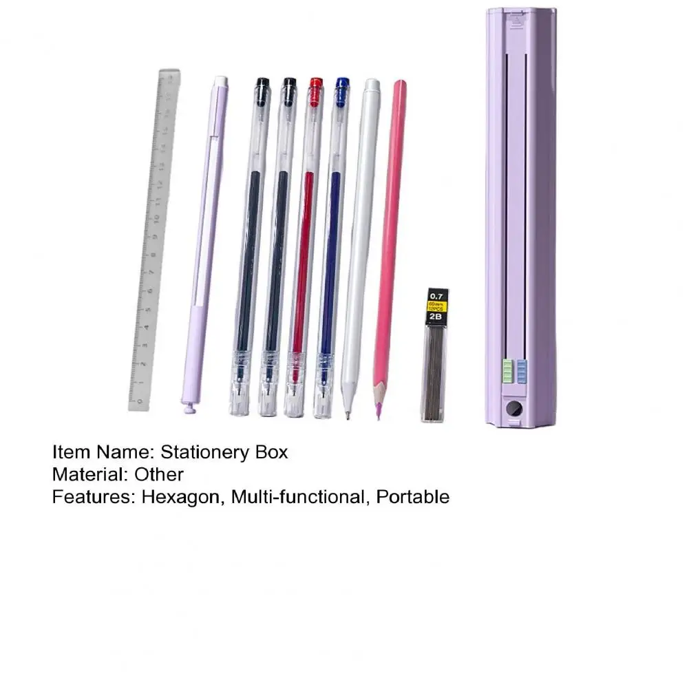 1 Set 20cm Pen Box With 6 Pencils 1 Eraser And Ruler Sharpener Hexagon Children Pencil Holder Case Container School Supply Gifts