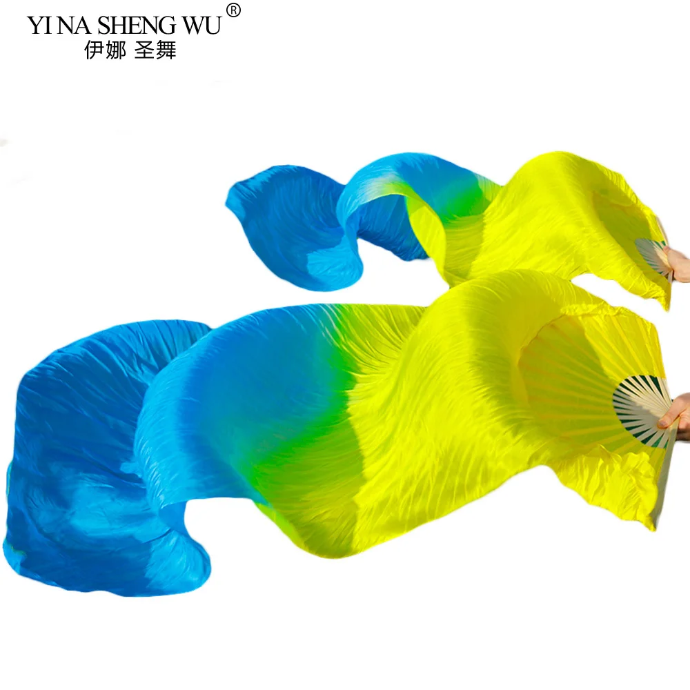 ارتفاع بيع 100% الحرير الحقيقي 1 زوج الخيزران الأضلاع اليدوية مصبوغ طويل الحرير الرقص الشرقي المشجعين الرقص الأصفر + الفيروز 120/150/180x90 سنتيمتر #3