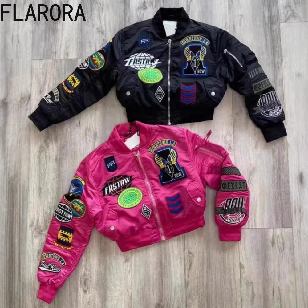 FLARORA Fashion Y2k Print Embroidery Jackets Woman Long Sleeve Zipper Stand Collar Crop Coat Autumn Patchwork Jacket Streetwear