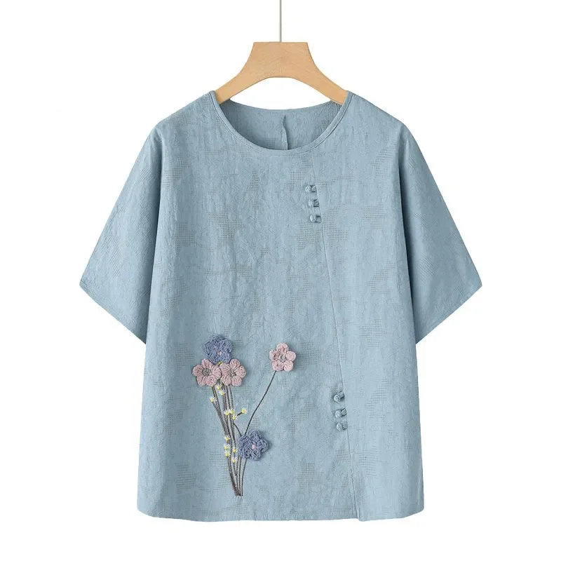 Middle-aged Elderly Mothers' Summer Embroidered Ethnic Retro Artistic Clothing Short-sleeved Thin Style For Women