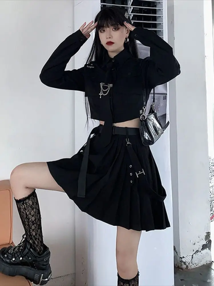 Japanese JK Goth Skirt 2pcs Korean 2 Piece Suit Punk Oversize 4XL Set Academia Aesthetic Skirts Black Kawaii Kpop Emo Alt 2pc