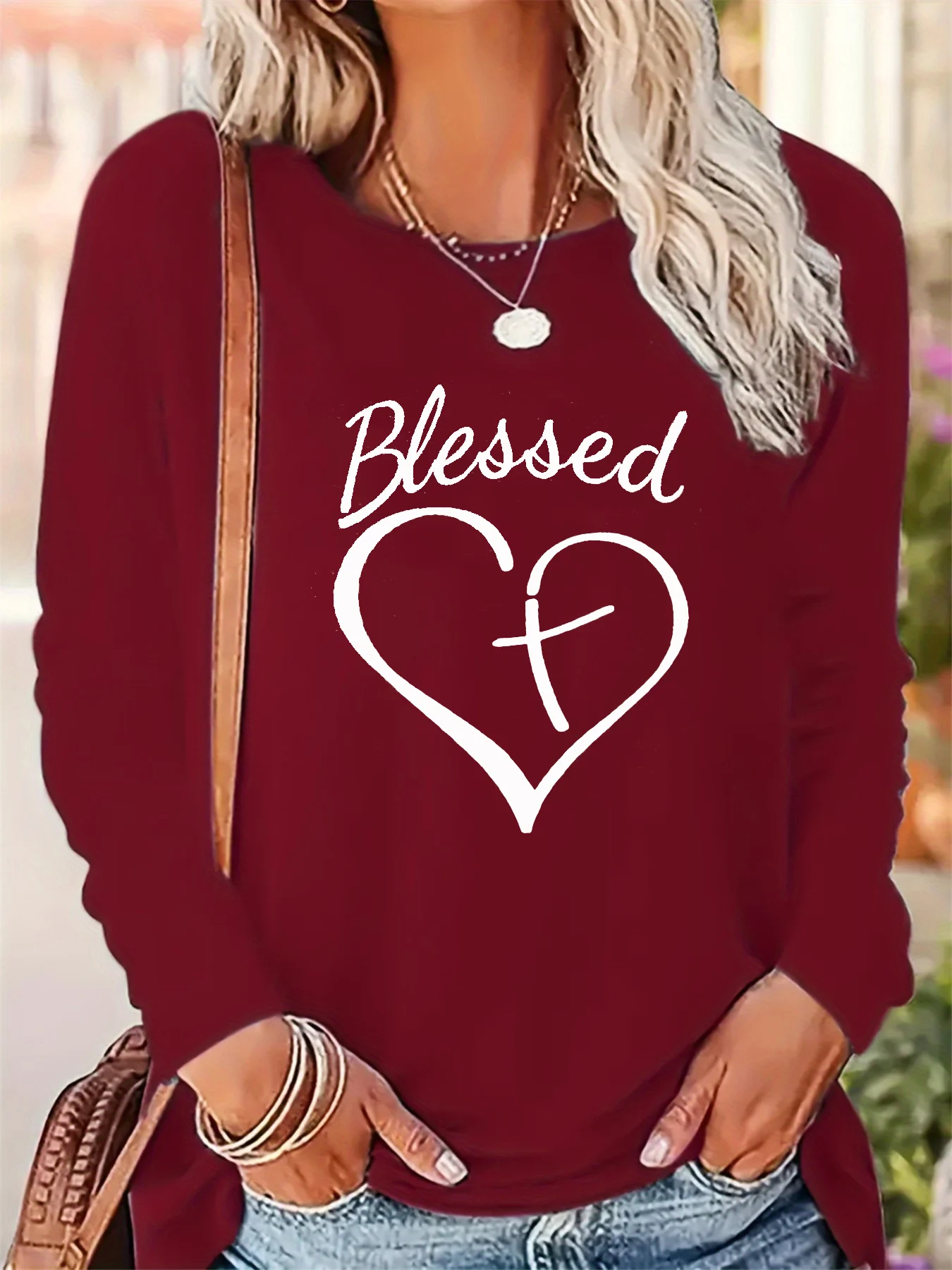 

Women's autumn and winter 100% pure cotton fashionable casual loose Blessed heart-shaped printed round neck long sleeved T-shirt