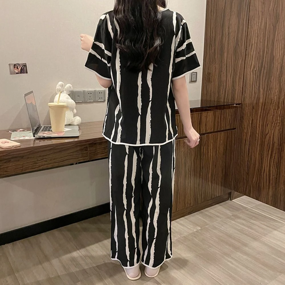 Fashion Stripe Bowknot Pajamas Suit Short Sleeve Ice Silk Women Sleepwear Set Homewear Lapel Collar Three Pieces Nightwear Home