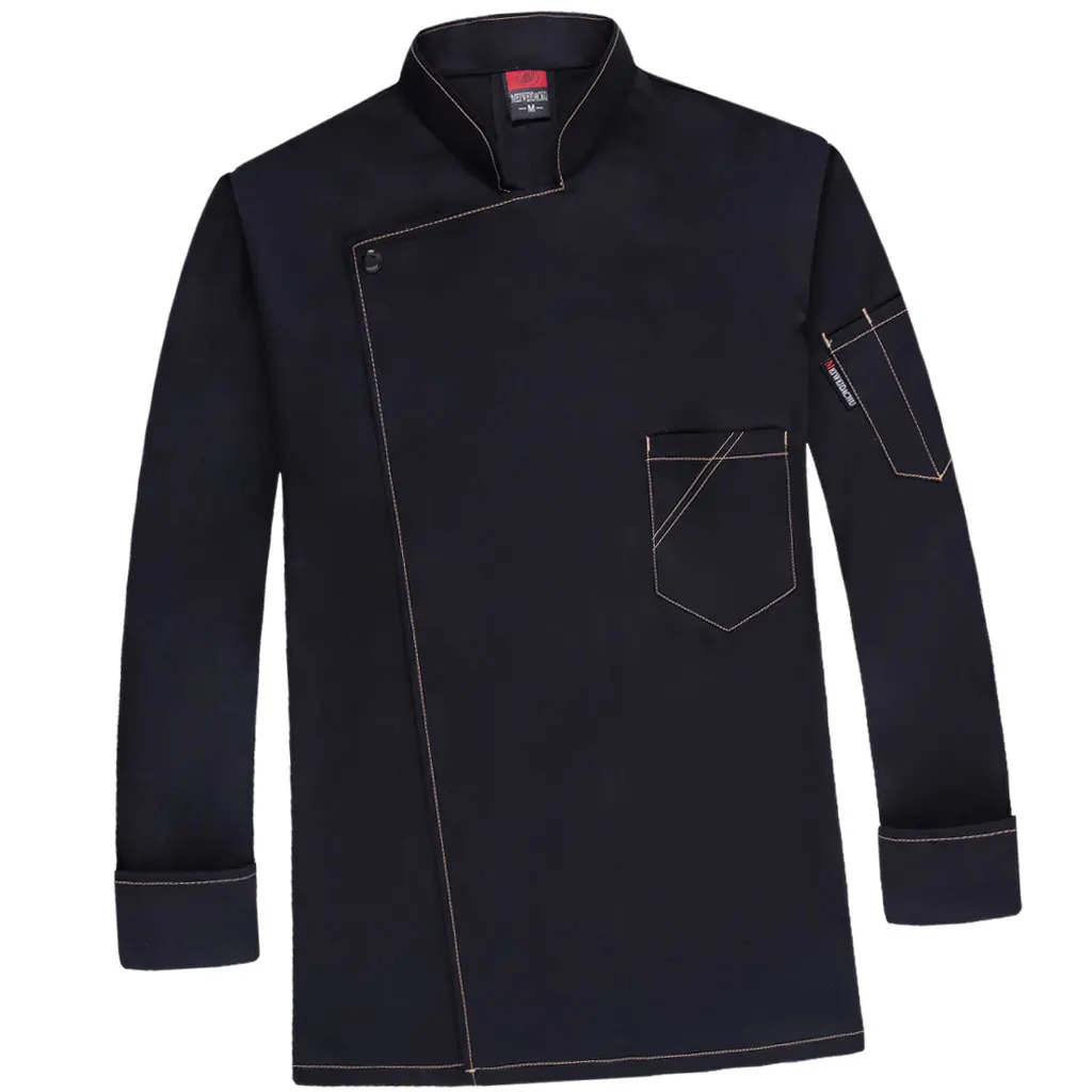 Unisex Long Sleeve Chef Coat Black Jacket for Kitchen Bakery Work with Chest Pocket Anti Wrinkle Fabric Cafe Restaurant Serving