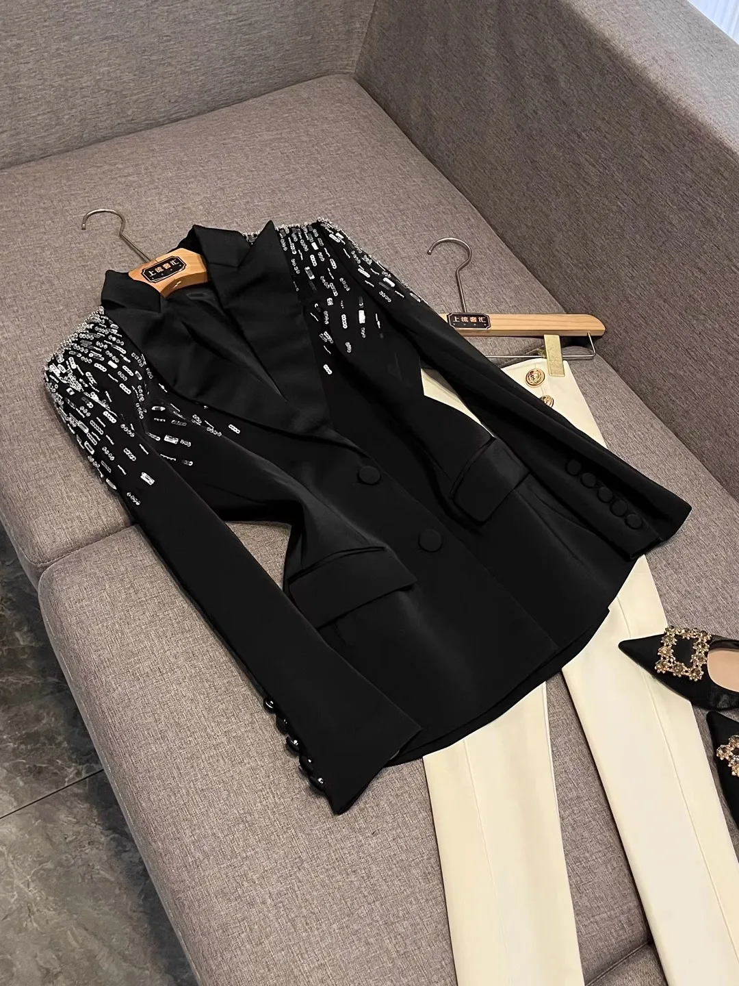 

Женский костюм Heavy Embellied Diamond Jaet с утягивающей талией, высококачественный двубортный костюм Long Sve