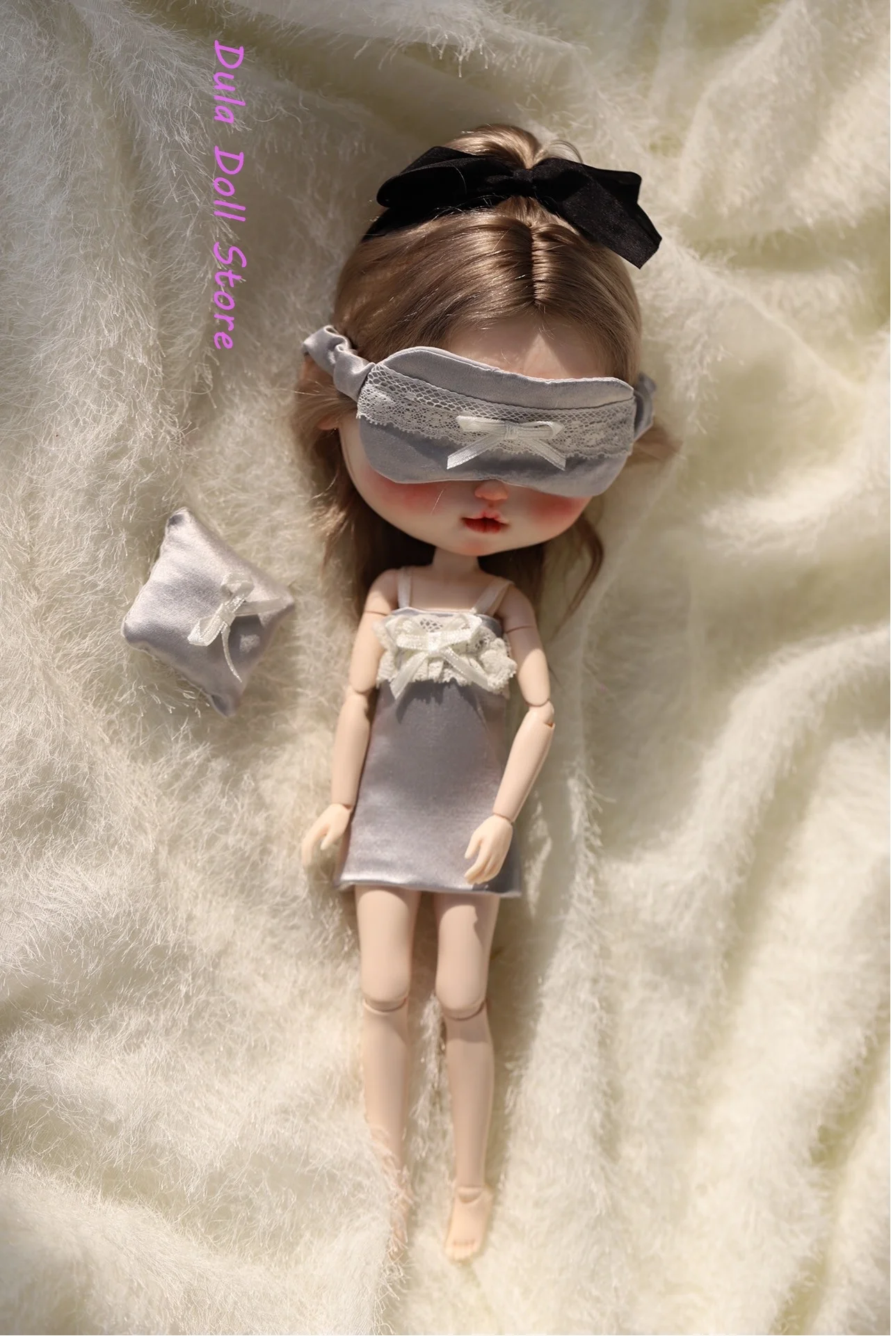 S Dula Doll Clothes Abito in vero pizzo di seta e maschera per gli occhi per Blythe Landazz Landoudou ob24 ob22 Bjd Doll