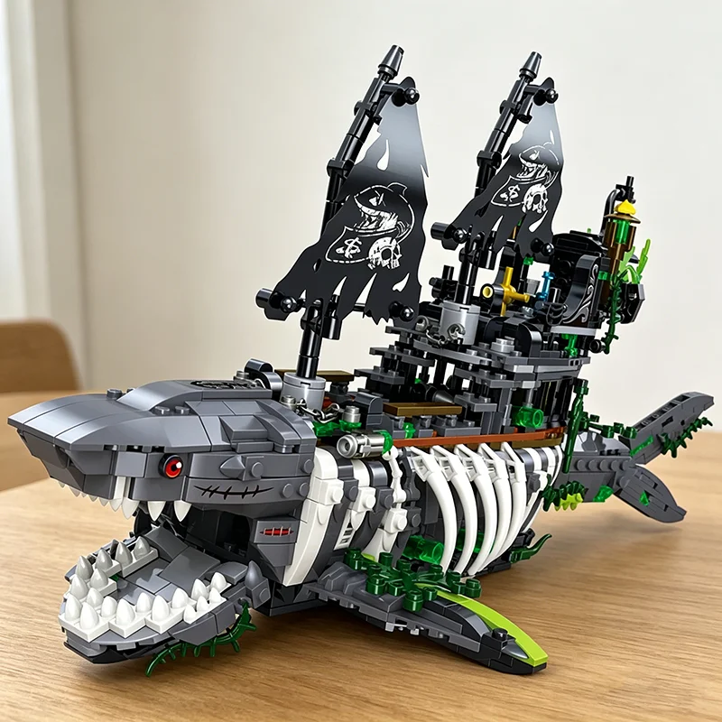 1155PCS Shark Ghost Pirate Ship Building Blocks Fantasy Sea Monster Ship Model Bricks With Light Educational DIY Toy For Adults