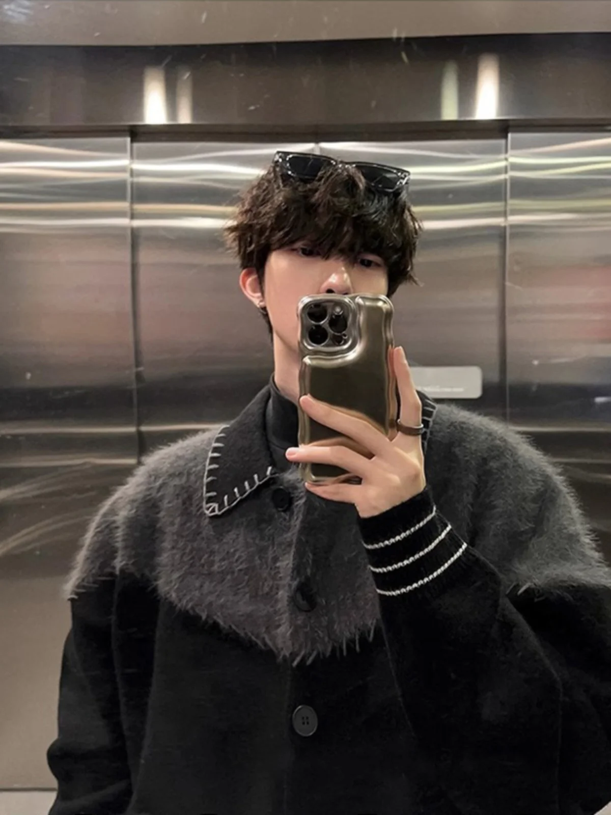 

Loose Fit Knitted Cardigan Jaet for Men with Collar Splicing Design Autumn Winter Faion Warmth Outerwear Casual Sle