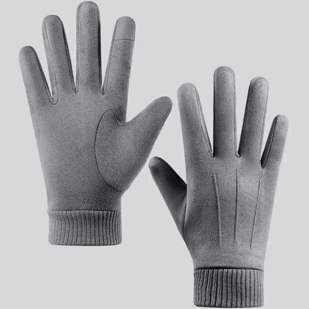 Simple Solid Color Suede Gloves Windproof Korean Style Winter Warm Gloves Full Finger Thicken Men Mittens Driving