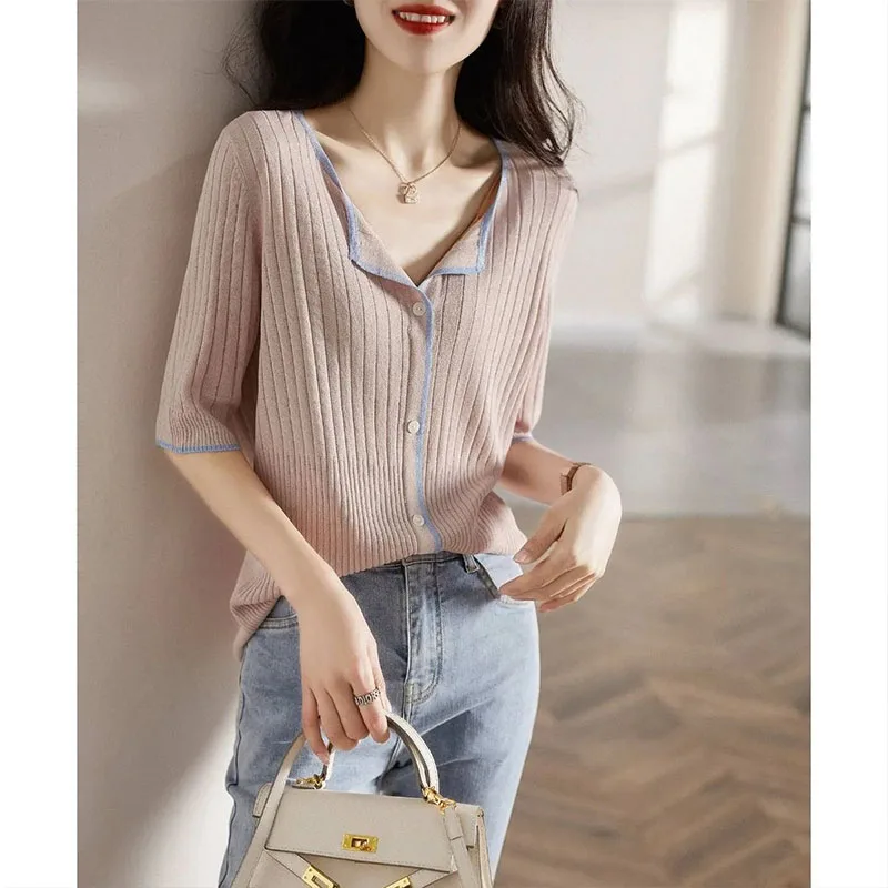 Women Clothing Fashion All-match Vertical Grain Patchwork Cardigan Summer Casual Loose V-neck Short Sleeve Top Chic Solid Tshirt