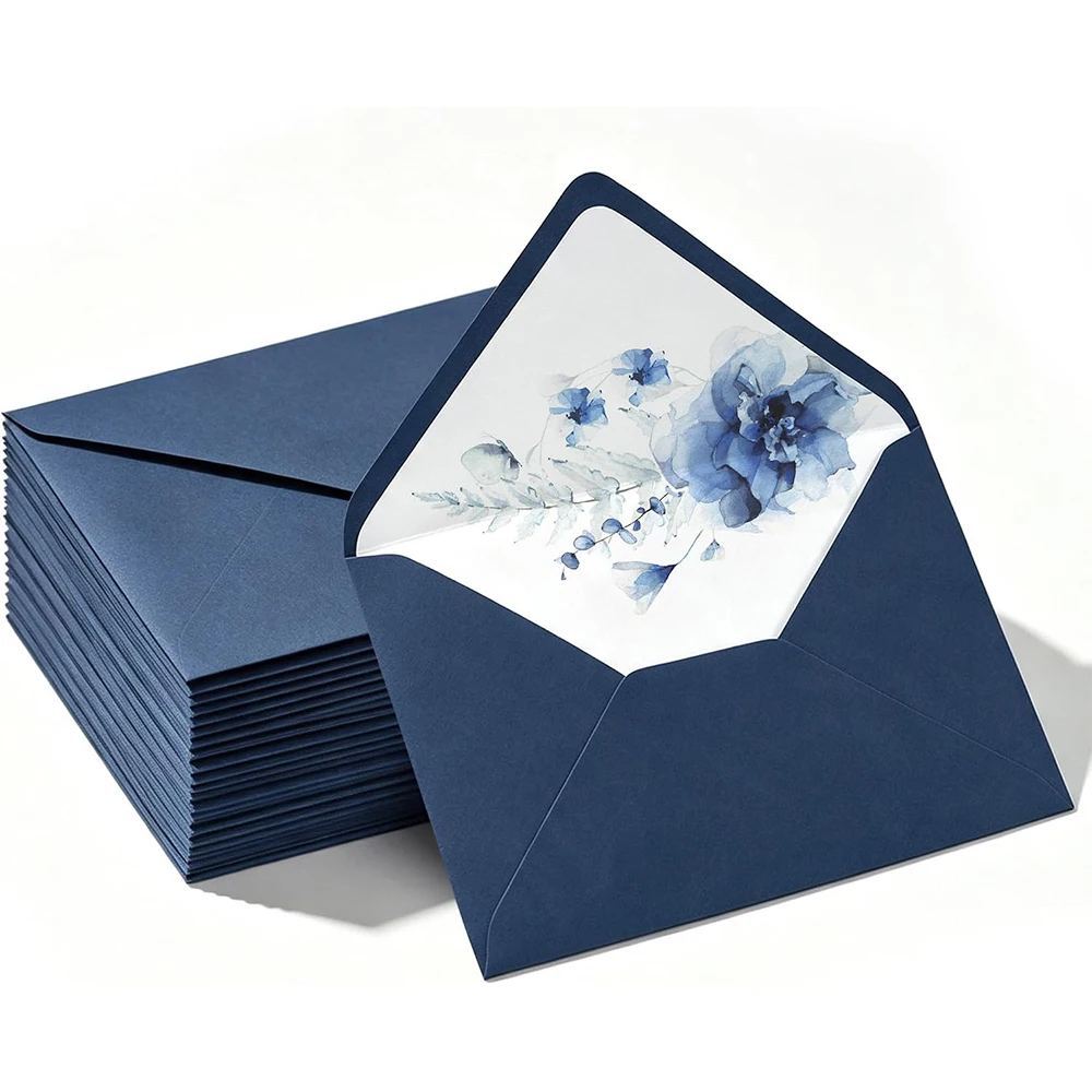 50Pcs Navy Blue Envelopes Floral Pattern 5x7 Envelopes for Greeting Cards V-Flap Self-Adhesive for Wedding Invitation Cards,