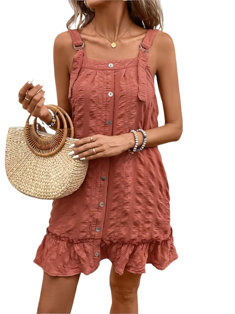 

Casual Spaghetti Strap Dress Lady Fashion Sleeveless Slash Neck Button Ruffles Mini Dresses Women Summer Holiday Womens Clothing
