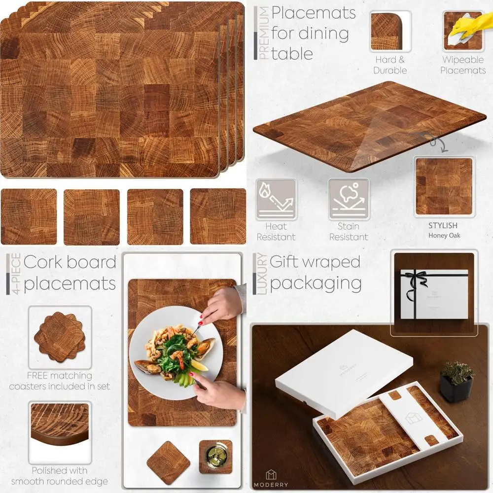 

Heat Resistant Marble-Patterned Cork Placemats Set of 4 with Matching Drink Coasters, 16x12 Inches for Dining Tables