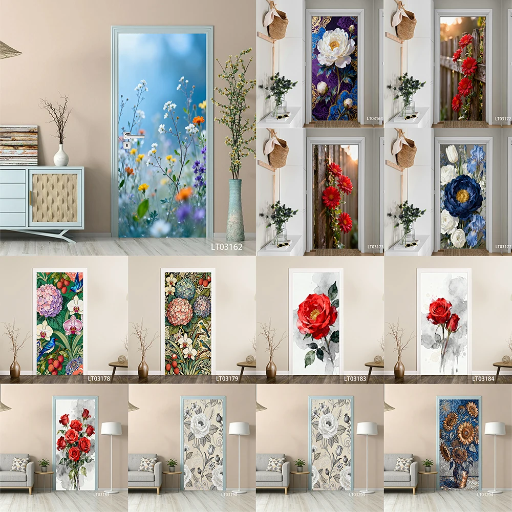 Watercolor Floral Door Sticker, Removable Peel and Stick Wallpaper, Blooming Rose & Wildflower Mural for Home Decor