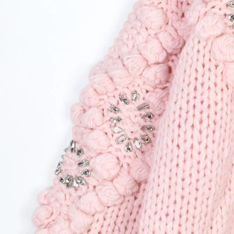 Knitted cardigan women Retro 2025 autumn/winter casual loose single breasted dimensional hand hook drill  jacket basic Simple