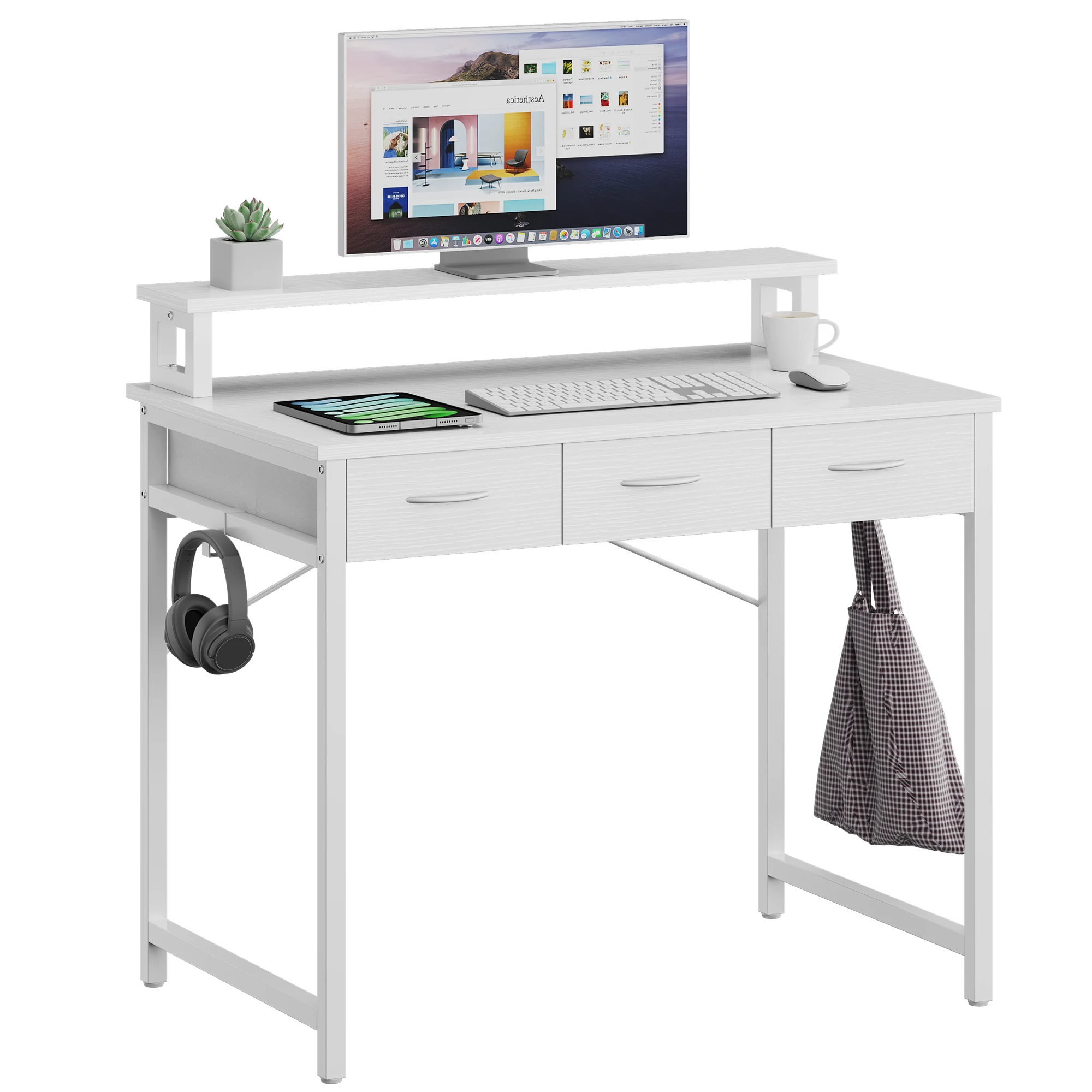 Small Computer Desk with Drawers, Office Desk with Monitor Stand for Small Spaces