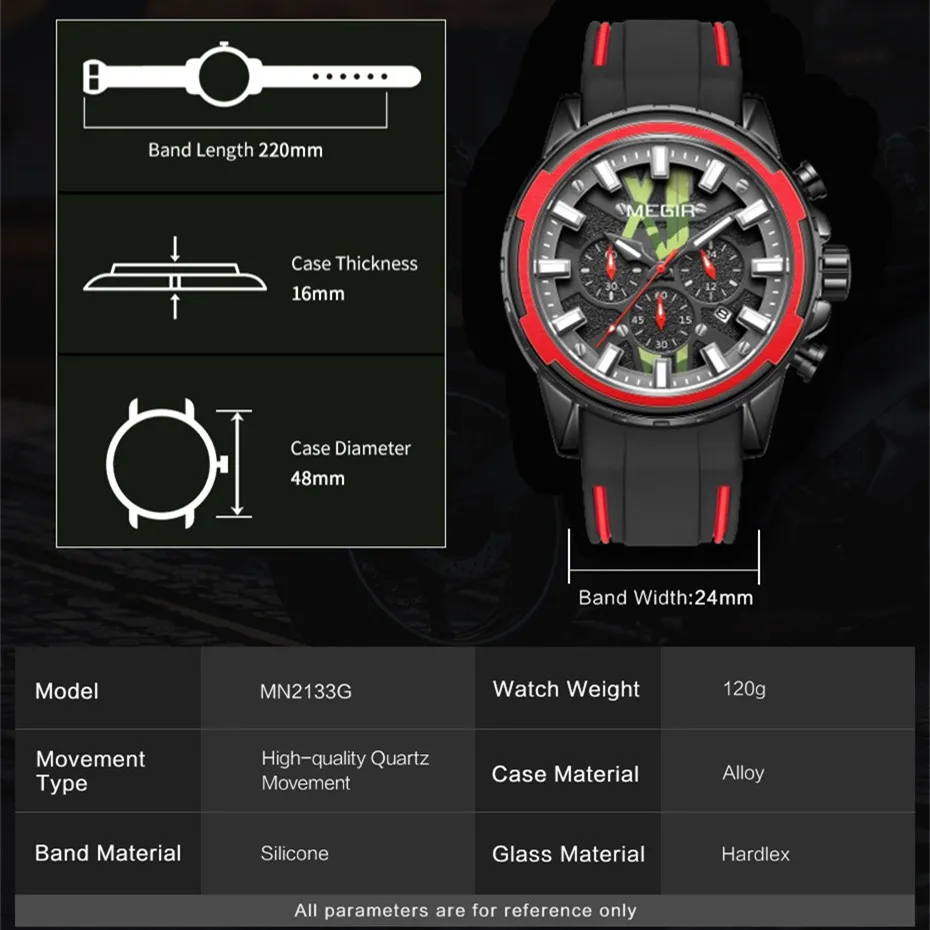 MEGIR Fashion Men Sports Watches Silicone Strap Quartz Military Wristwatch Large Dial Waterproof Luminous Male Chronograph Clock