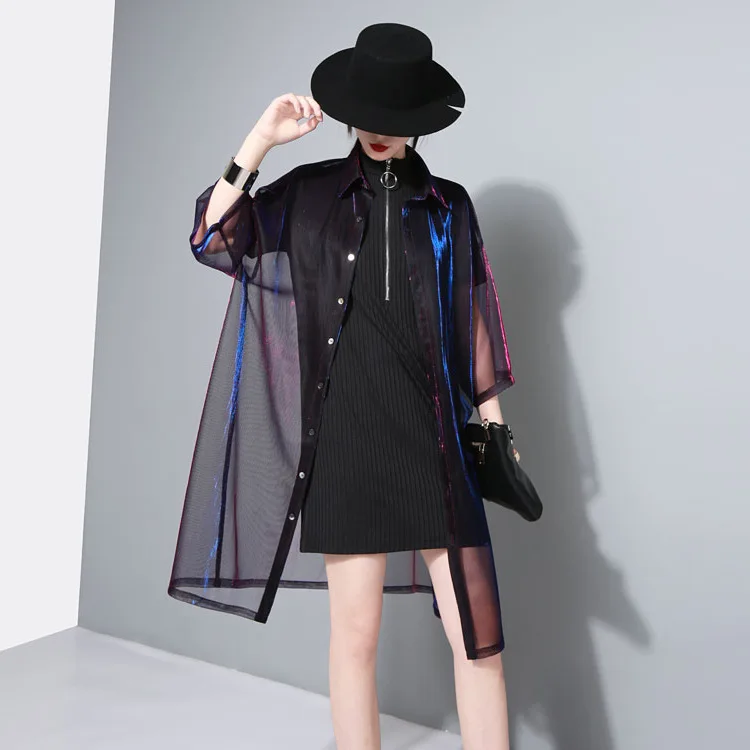 Women change colour Shine Perspective Blouse New Lapel Three-quarter Sleeve Loose Fit Shirt Fashion Tide  Spring Autumn 2023