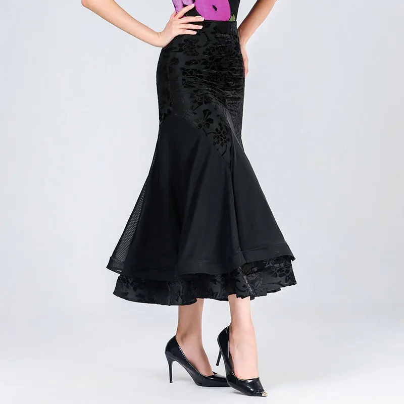 Doubl Ballroom Dance Moden Skirt New Half Skirt Women's High-end Burn Flower Half Skirt Waltz Skirt