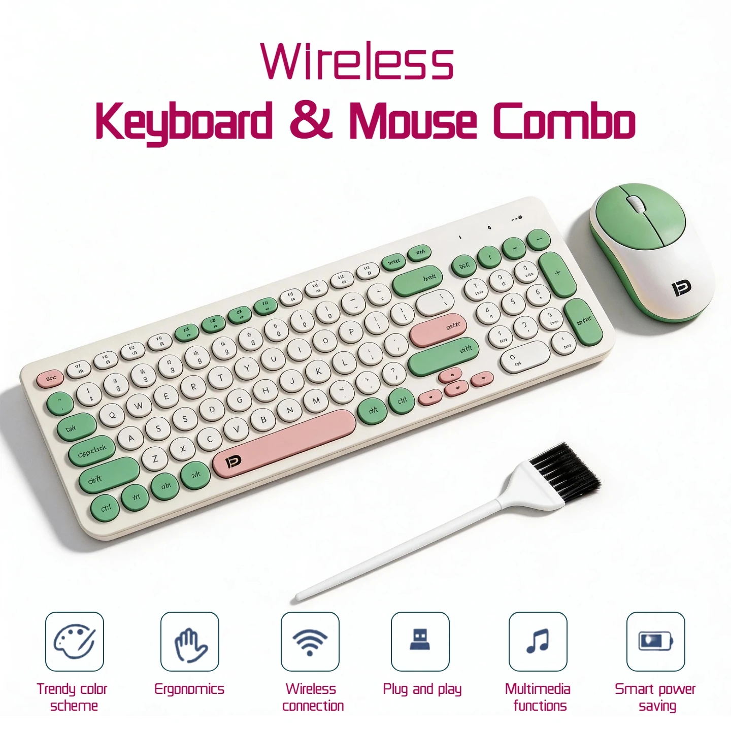 Wireless Keyboard and Mouse Combo With Cleaning Brush, Full Size 96-Key Retro Typewriter Keyboard With Round Keycaps, Portable Mouse Desk Care Set, Aesthetic Cute Colorful Desk Setup Home Office Keyboard, Multi-Color Options, 2.4G Plug& Play
