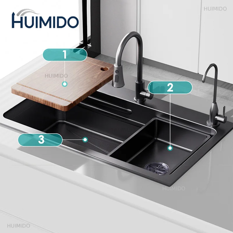 Steel Kitchen Sink With Functional Faucet Single Bowl Basin Workstation Topmount Black-gray Sink With Accessories