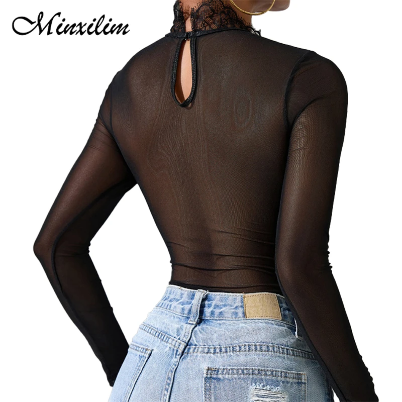 Minxilim ملابس مثيرة للنساء عميق الخامس الرقبة طويلة الأكمام الدانتيل أعلى محدد شكل الجسم الإناث ارتداءها يمكن ارتداؤها في الخارج