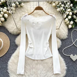 Elegant Three-dimensional Flower Long Sleeve O Neck Blouse Chic Korean Fashion Top Women Slim Slim Shirts