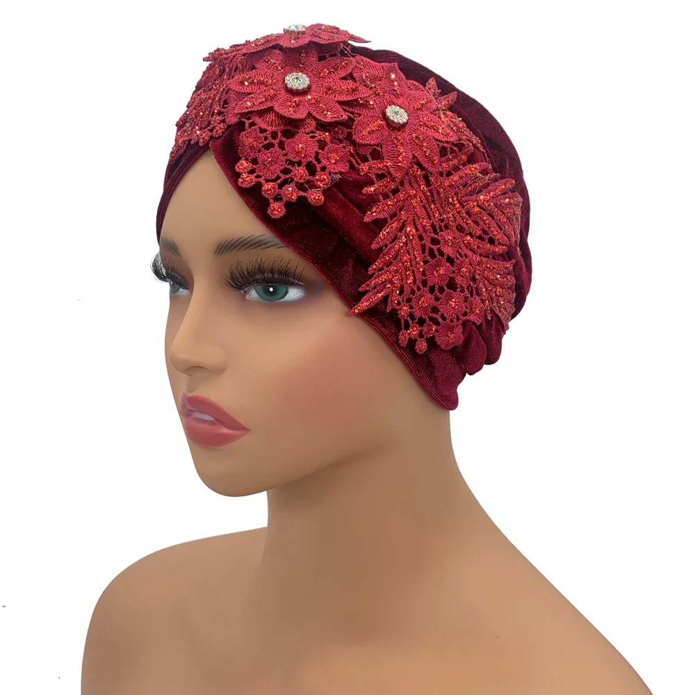 

Fashion Female Head Wraps Flower Embroidery Turban Cap for Women Velvet Muslim Headscarf Bonnet Turbante mujer