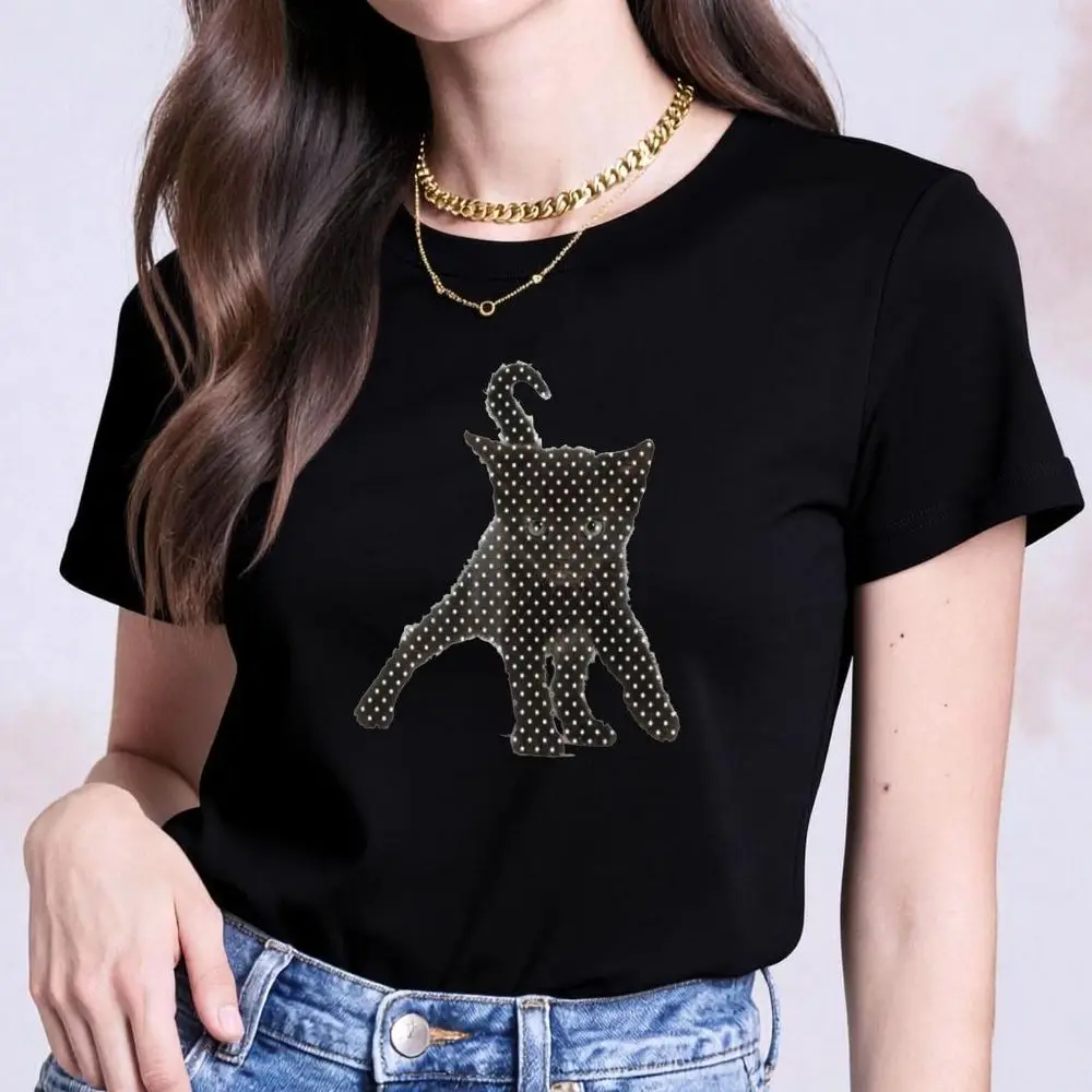 Cute Black Cat Polka Dot Graphic T-Shirt Women Summer Loose Fit Short Sleeve Heart Hand Pose Vintage Tops Female Novelty T-Shirt