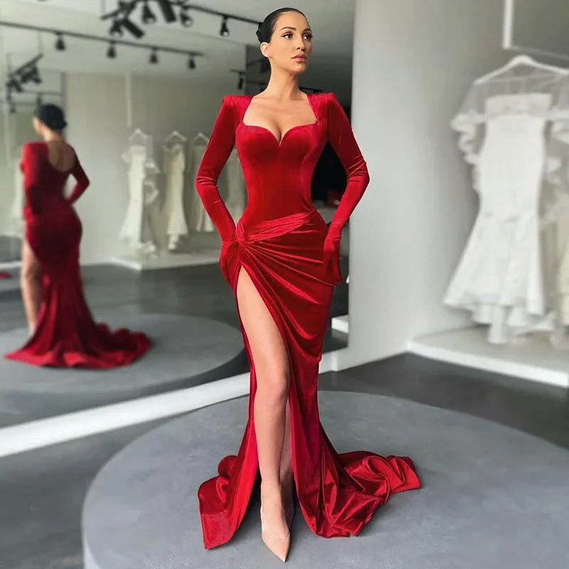 

Women's Sexy Red Velvet Dress Slit Mid-length Autumn Fashion V-neck Cotton Dress Glove Sleeve Dress Elegant Party Club Dress