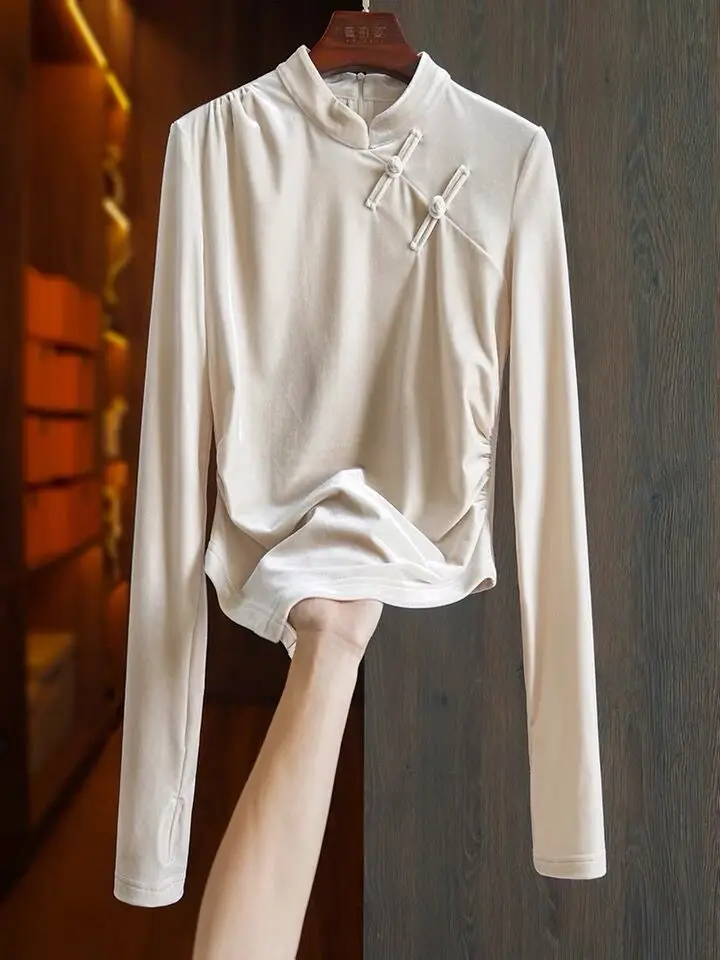 

New Spring Autunm velour blouse large Size tops 7XL 8XL Chinese Elegant Vintage Stand Collar Irregular Gold Velvet shirts