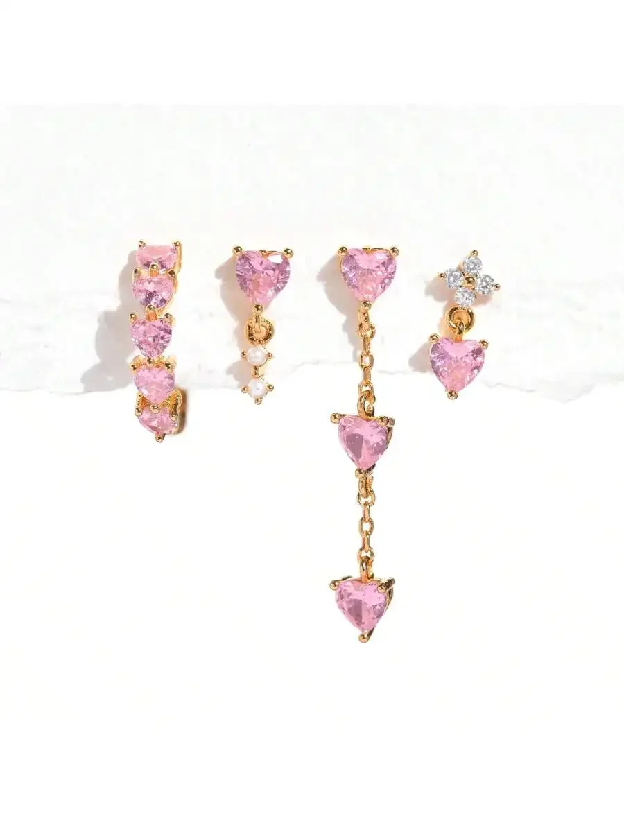 

Pink Heart Shape Earrings Set With Clear Flower Studs And Chain Dangle