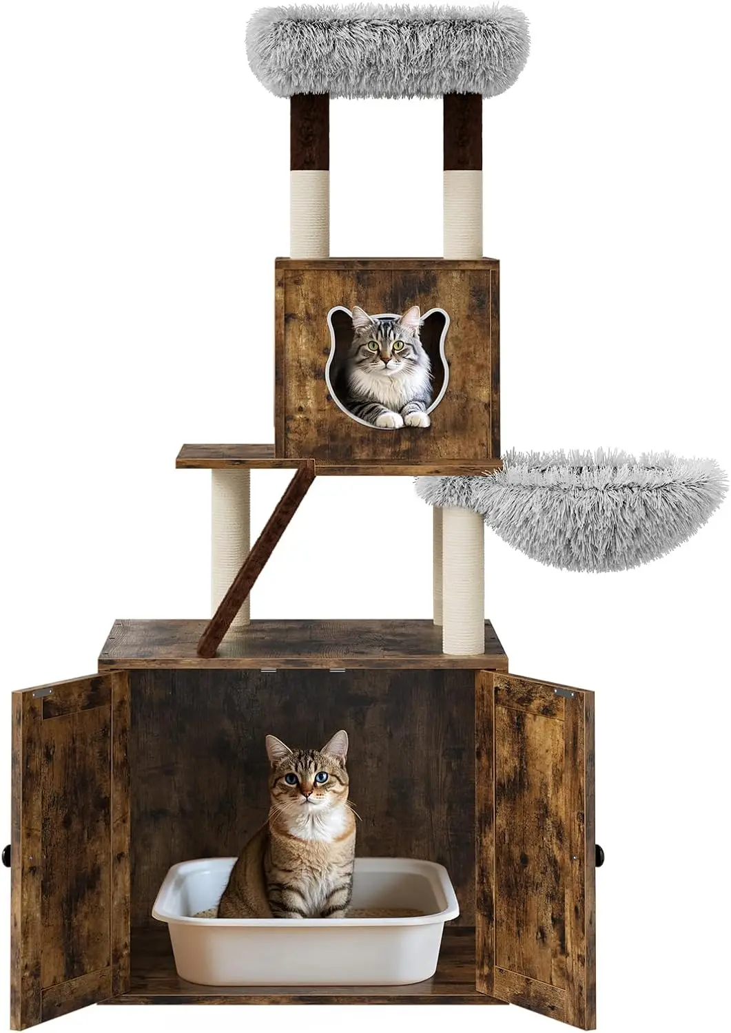 57.5-Inch Cat Tree With Litter Box Enclosure 2-In-1 Modern Large Cat Tower For Indoor Cats With Condo/Hammock/Scratching