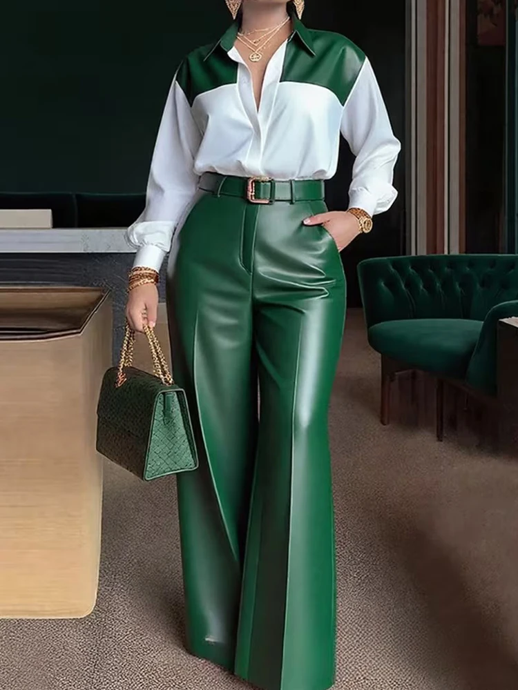 Damen-Set mit Umlegekragen-Langarmshirt und PU-Leder-Hose mit Weitem Bein, Modisches Zweiteiler-Set, Elegantes Frühlings- und Herbst-Outfit 2026