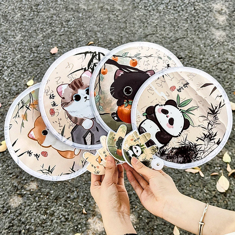 【M】Portable Cartoon Folding Fan Creative Foldable Fan Cool Summer Hand Fan Flying Disk Pocket Cloth Fan Gifts For Kids