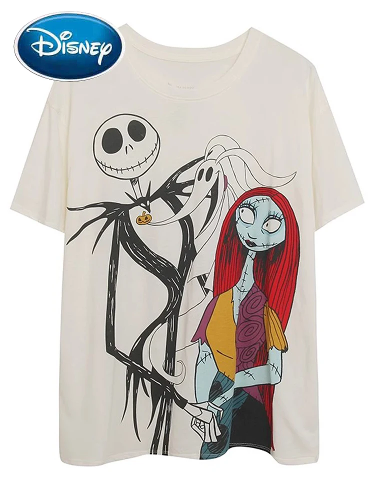 Disney The Nightmare Before Christmas Cartoon Print White T-Shirt Fashion Women O-Neck Pullover Short Sleeve Tee Tops Female