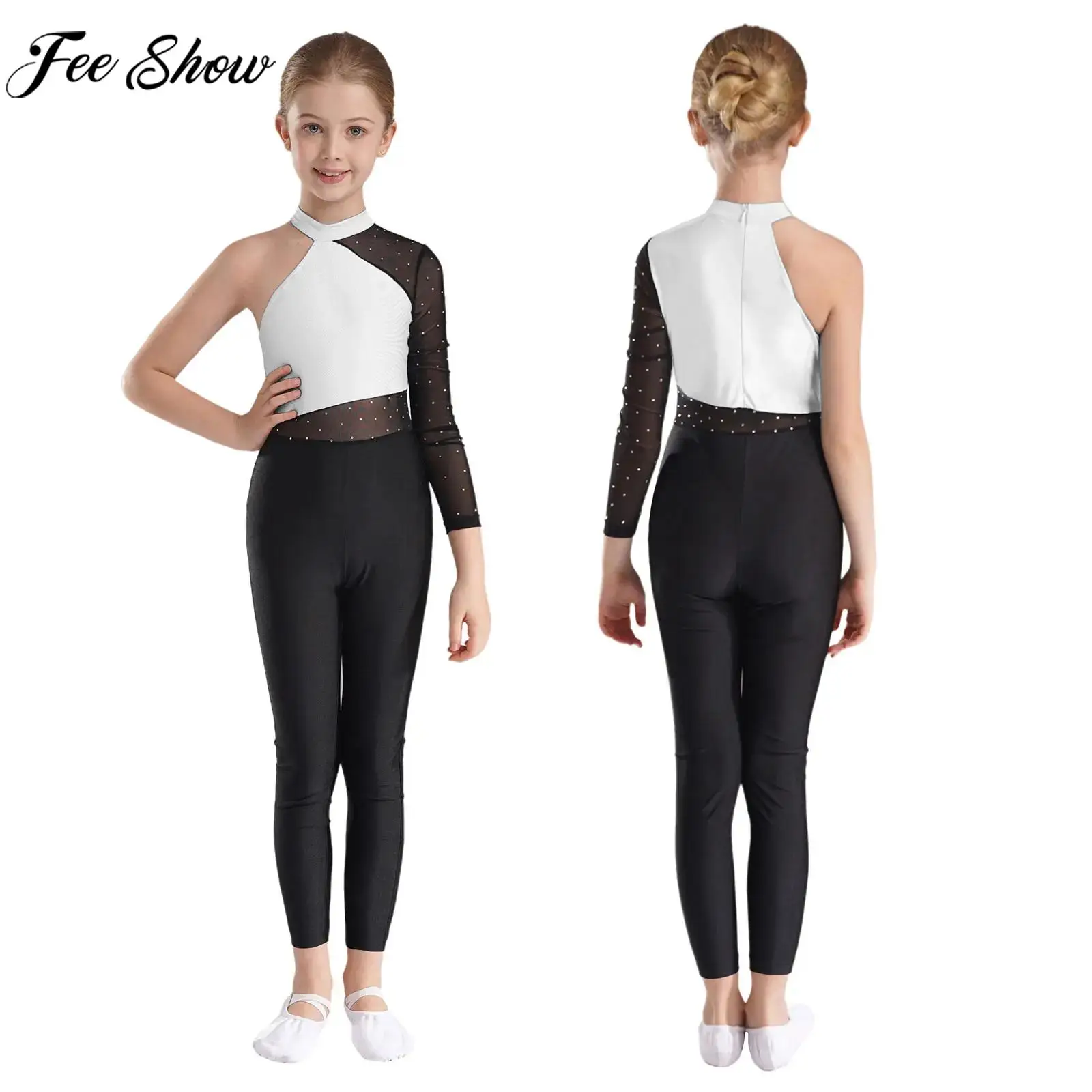 

6-16Y Girl Gymnastics Figure Skating Jumpsuit Ballet Dance Acrobatics Yoga Jumpsuit One Shoulder Rhinestones Sheer Mesh Bodysuit