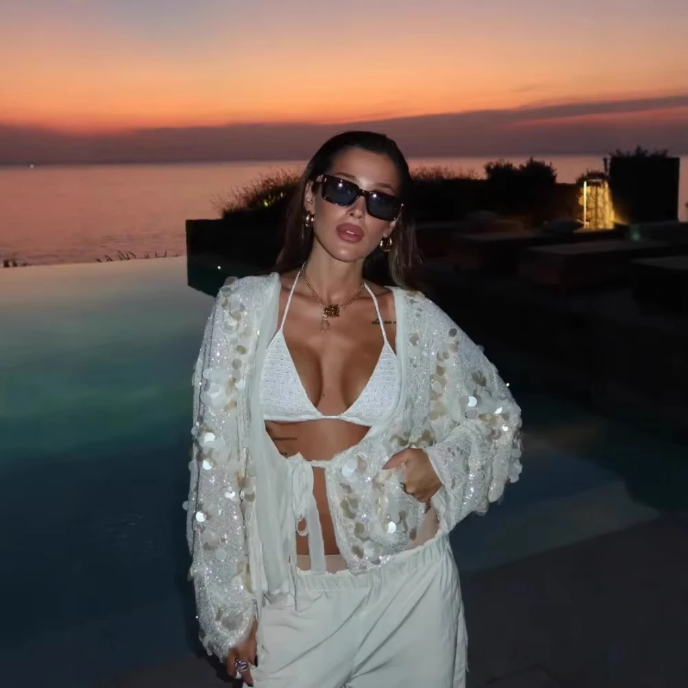 

Пять цветов, элегантная белая лоскутная рубашка на шнуровке с блестками, женская блузка с длинным рукавом и v-образным вырезом, свободные короткие пальто, уличная рубашка