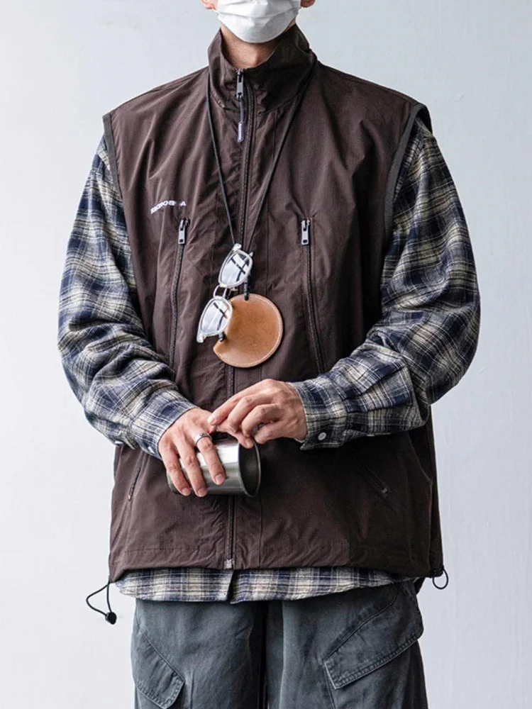 Summer Casual Loose Fit Men's Camping Outdoor Vest Stand Collar Shoulder Pad Jacket Stylish Youth Trend Regular Thickness