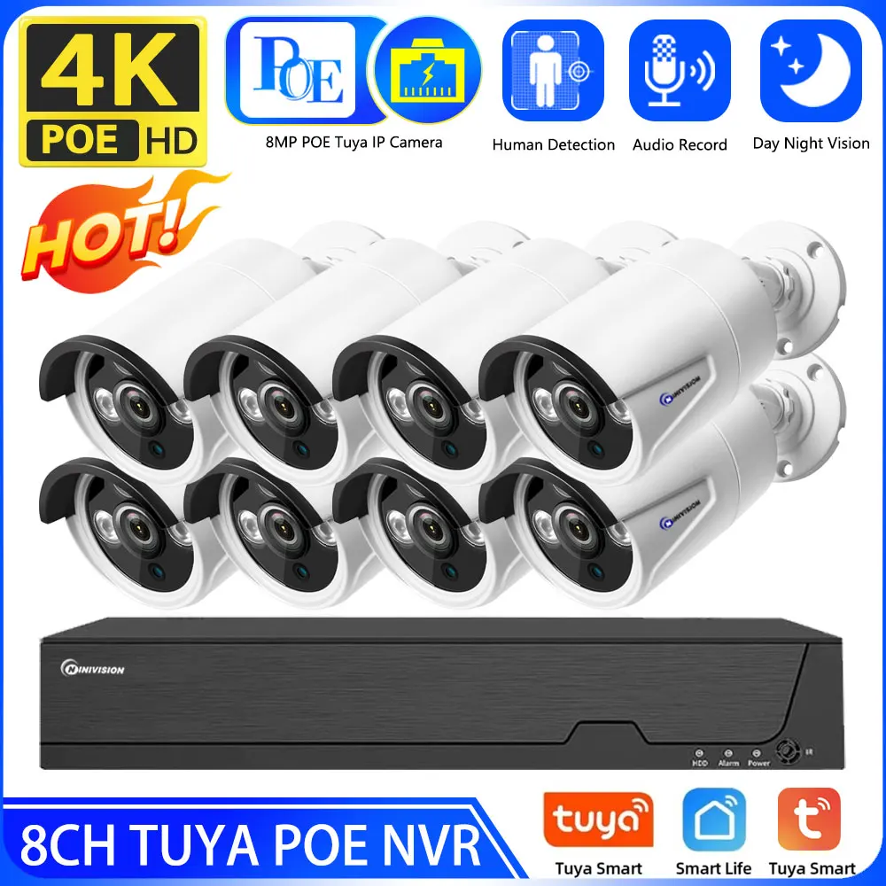 TUYA 8CH POE NVR 8MP Ultra HD Video Surveillance System 4K IR Network POE Camera Built-in Mic IP67 Waterproof CCTV Security Kit