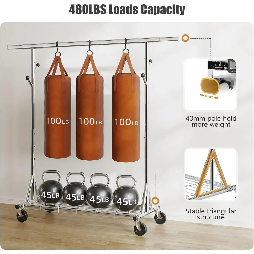 

Metal Clothing Garment Rack Clothes Rack Load 480 LBS Hang 200 pieces of clothing on Wheels Collapsible Rolling Portable
