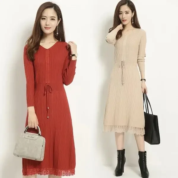 Midi V Neck Female Dress Cover Up Women's Dresses Bodycon Clothing Knee Length Knit Crochet Luxury On Sales With Chic Point Hot