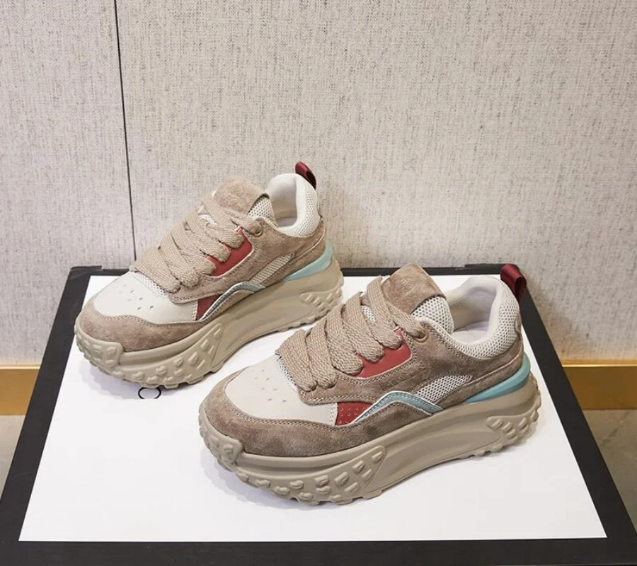 

Women's 6cm Genuine Leather Platform Sneakers Mesh Breathable Chunky Hidden Heel Mixed Color Vulcanize Shoes for Autumn Spring