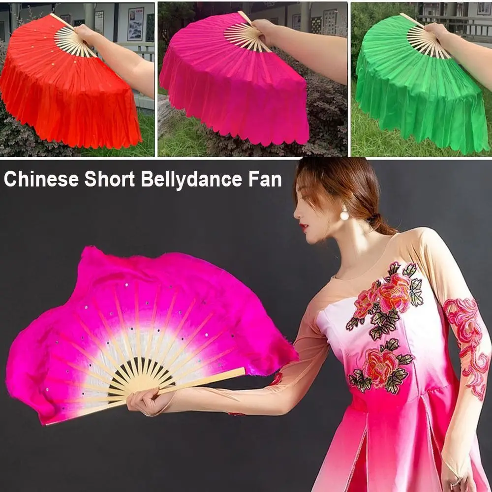 Abanico corto chino de bambú para danza del vientre, 26/31cm, seda de medio círculo de 10cm, 9 estilos, abanicos de bambú, Color puro, tinte a mano, abanico para adultos